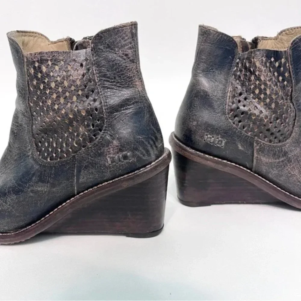 Bed Stu Dark Brown Distressed Leather Wedge Ankle Boots - Picture 7 of 9